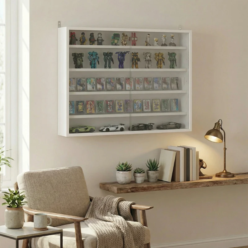 HOMCOM Wandvitrine aus Holz mit verstellbaren Einlegeböden und 2 Glasschiebetüren 80x9,5x60 cm Weiß