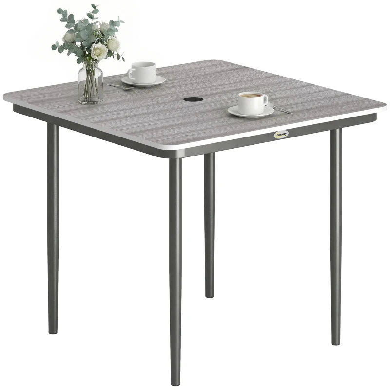 Outsunny Garden Dining Table for 4, 85 cm Square Outdoor Table with Umbrella Hole, Faux Wood Top, Metal Legs, Light Grey