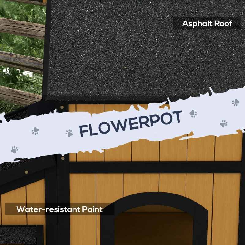 PawHut Wooden Cat House with Flower Pot, Windows, Multiple Entrances, Water-Resistant Roof for Outdoor - Yellow