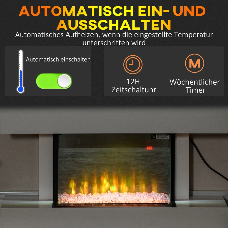 HOMCOM Elektrokamin, Wandkamin mit Heizung 2000 W, LED 3D-Flammeneffekt, Kristalle, in 11 Farben mit 3 Helligkeitsstufen, Elektrischer Kamin mit Fernbedienung, Timer, Wandmontage, Weiß