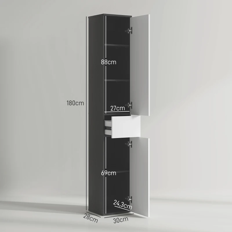 kleankin Columna de Baño Salvaespacio en Madera con 2 Armarios y Cajón, 30x28x180 cm, Negro