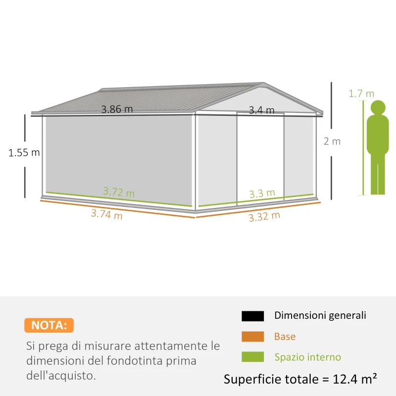 Outsunny Casetta da Giardino 3.4x3.8x2 m in Acciaio con Doppia Porta Scorrevole e Tetto Inclinato, Argento