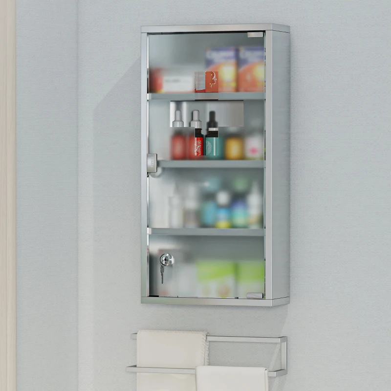 HOMCOM Medicijnkastje medicijnkastje EHBO met slot RVS 30 x 12 x 60 cm