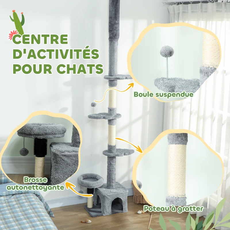 PawHut Arbre à chat du sol au plafond, tour à chat réglable en hauteur 225-255 cm à plusieurs niveaux, revêtement peluche, gris