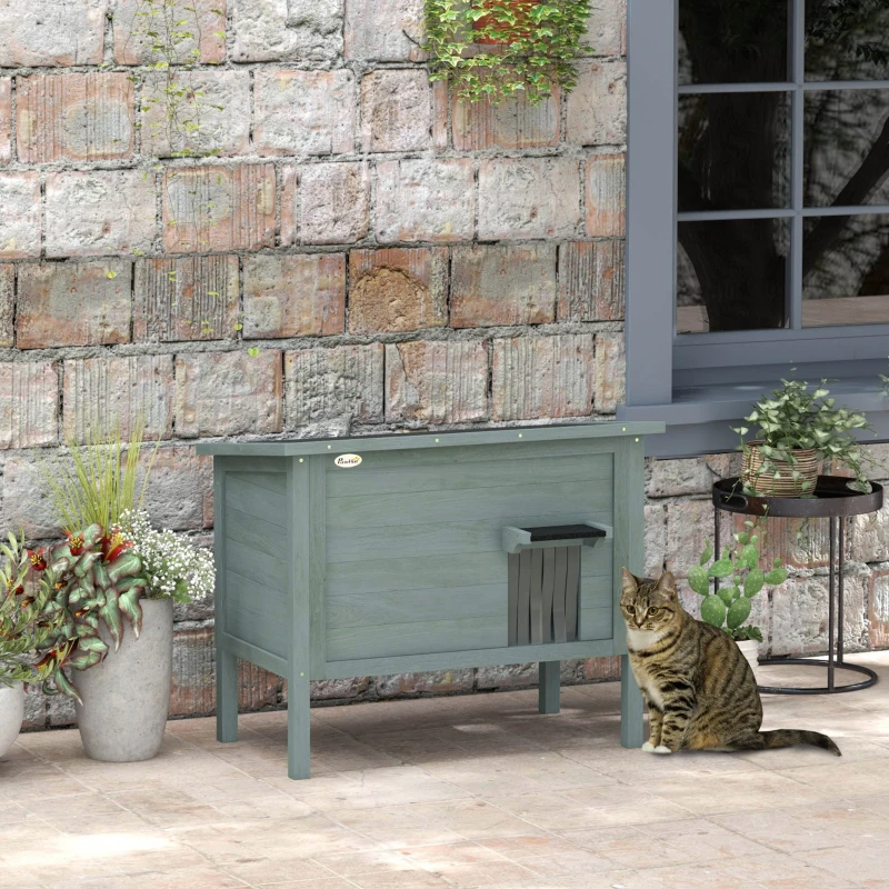 PawHut Maison pour chats niche d'extérieur en bois surélevée avec toit ouvrable isolée  85 x 50 x 68,5 cm gris foncé et noir