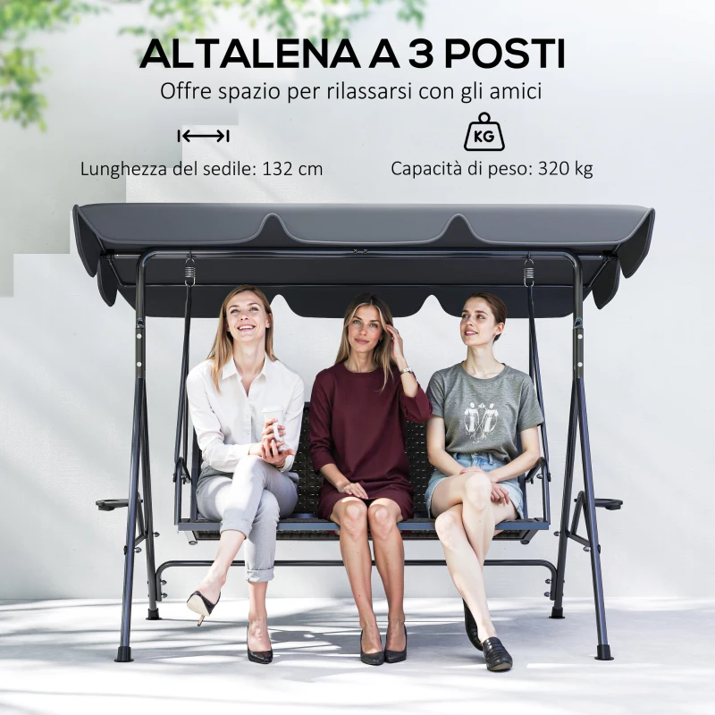 Outsunny Dondolo da Giardino 3 Posti in Rattan PE e Acciaio con Tettuccio e Portabicchieri, 204x112x150 cm, Grigio