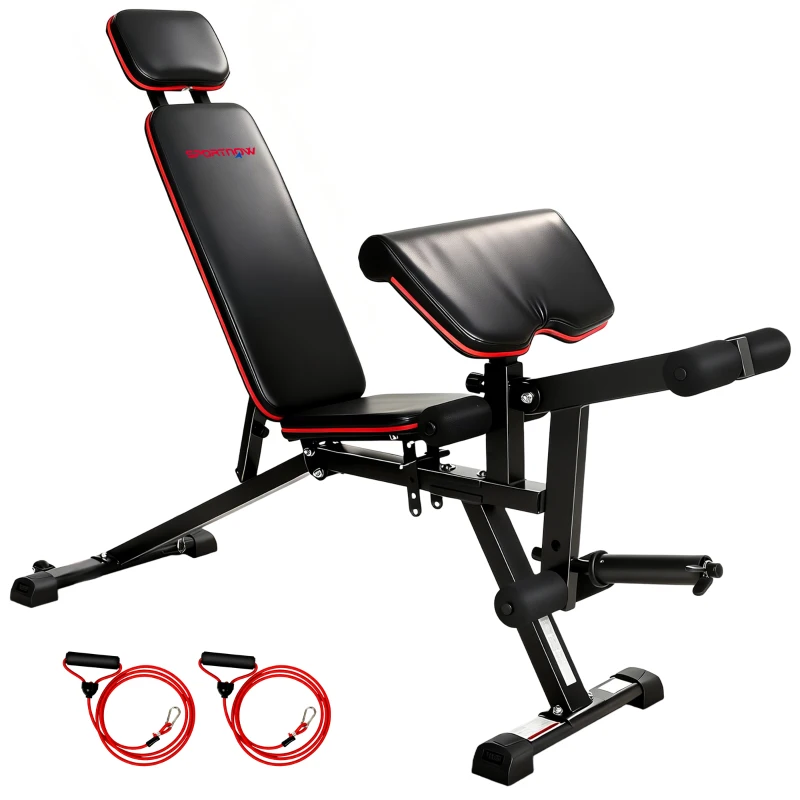 SPORTNOW Banco de pesas ajustable hasta 300 kg 3 en 1 Banco de entrenamiento con ruedas Extensor de piernas Banco predicador reposacabezas Bandas de resistencia
