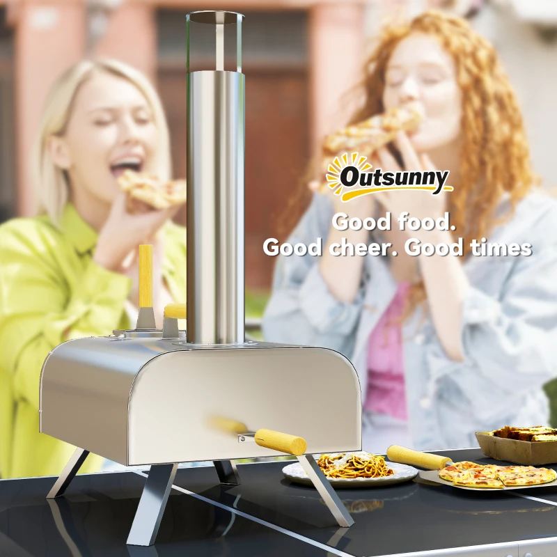 Outsunny Outdoor Pizza Oven, Portable Wood Pellet Pizza Oven with Pizza Stone and Peel, Foldable Legs, Chimney, 12 Inch Wood Fired Pizza Maker for Outdoor Cooking, Stainless Steel