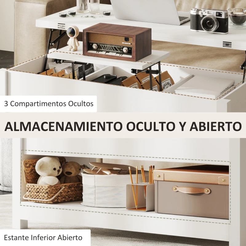 HOMCOM Mesa de Centro Elevable y Extensible con Compartimentos Ocultos Estante Abierto 100x90x64 cm Blanco
