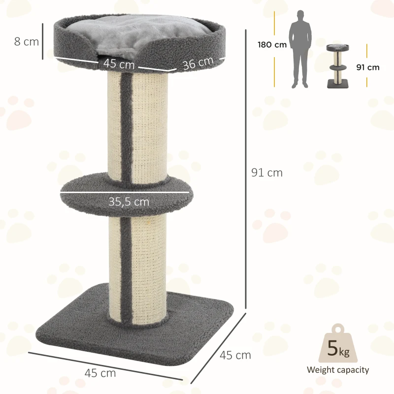 PawHut 91cm Cat Tree, Cat Tower with Scratching Post, Bed, Perch, Removable Cushion for Indoor Kittens, Grey