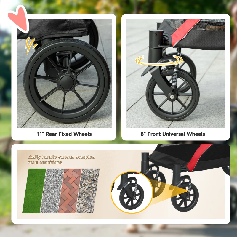 PawHut Foldable Pet Stroller for Large Dogs with Four Big Wheels, Shock-Absorbing Frame, Safety Leashes, Brakes, Red/Black