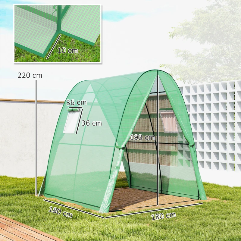 Outsunny Polytunnel Greenhouse with Sandbags, Walk-In Tunnel Green House with 2 Doors and Screen Windows, 1.8 x 1.8 x 2m, Green