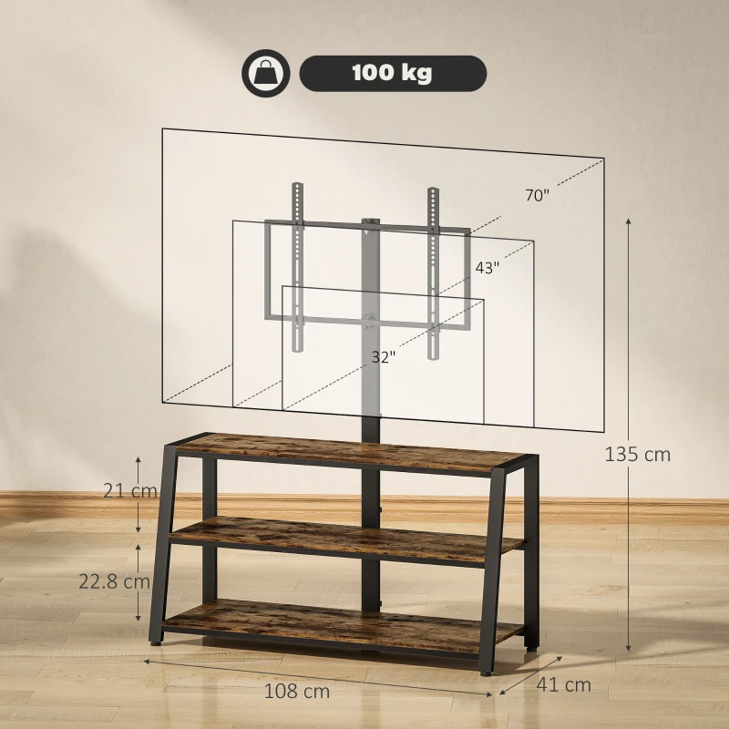 HOMCOM TV stand with mount for 81–178 cm televisions, open shelves, 35° adjustable angle, 108x41x135cm, brown