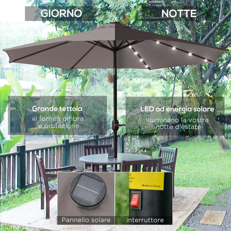 Outsunny Ombrellone da Giardino Inclinabile Ø265 cm con 32 Luci LED Solari e Manovella, Grigio