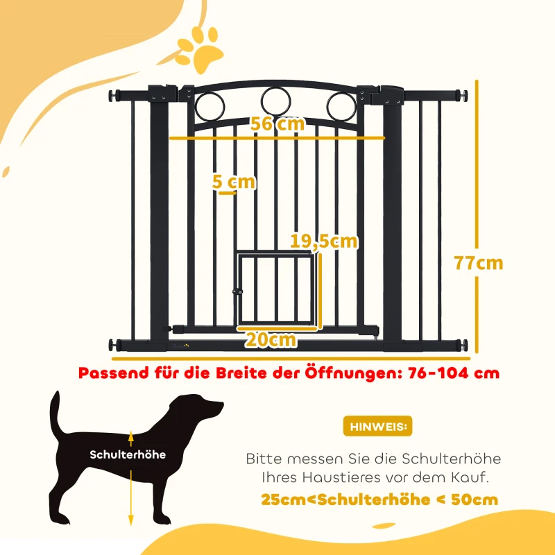 PawHut Haustiertor, 77 cm Treppengatter, verstellbare Breite 76-104 cm, mit Katzentür, für Treppen und Türöffnungen, Schwarz