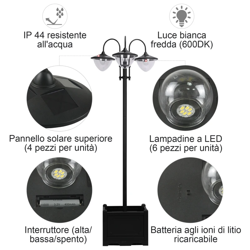 Outsunny Lampione Luce Solare per Esterno (60x55x189 cm) Accensione/Spegnimento Automatici, con 3 Lampade a Led