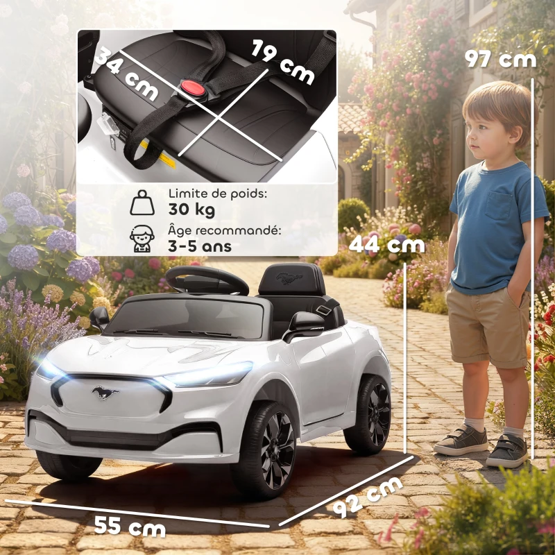 AIYAPLAY Coche eléctrico para niños Ford Mustang Mach-E con licencia oficial 12 V control remoto 2,4 G 2 motores 92x55x44cm blanco