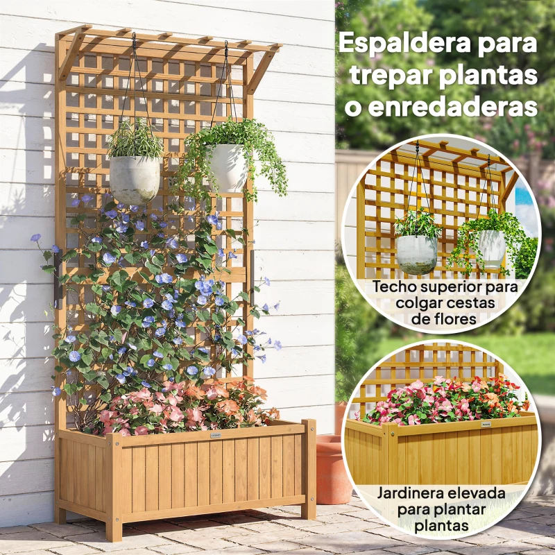 Outsunny Jardinera con Celosía de Madera para Enredaderas Cultivo de Plantas para Patio Terraza 90x45x183 cm Natural