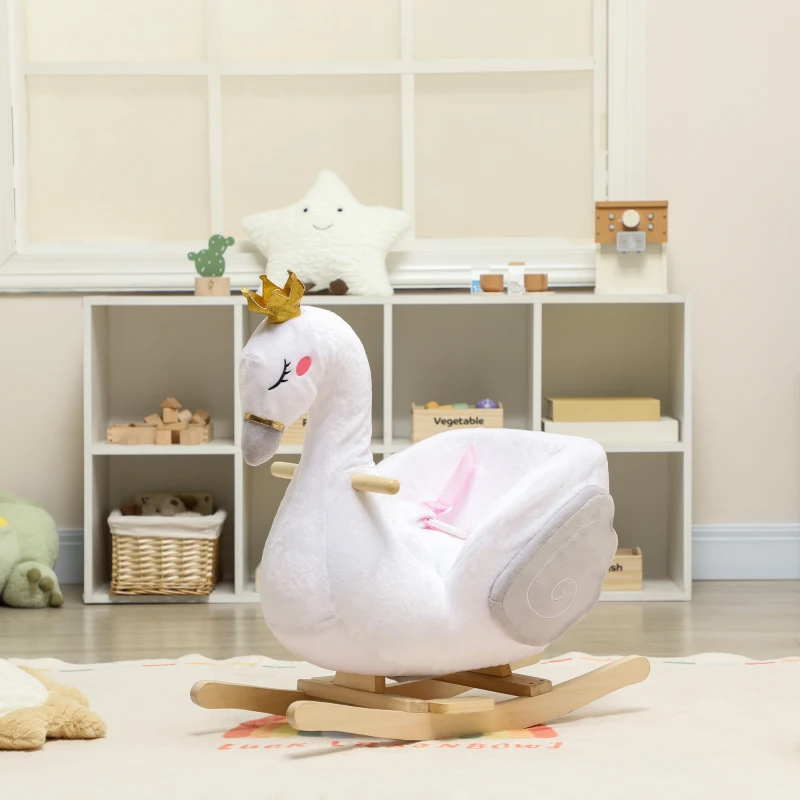 AIYAPLAY Mecedora cisne con canción de cuna, relleno suave, estructura de madera, para niños 1,5-3 años, 65x40x68 cm, Blanco