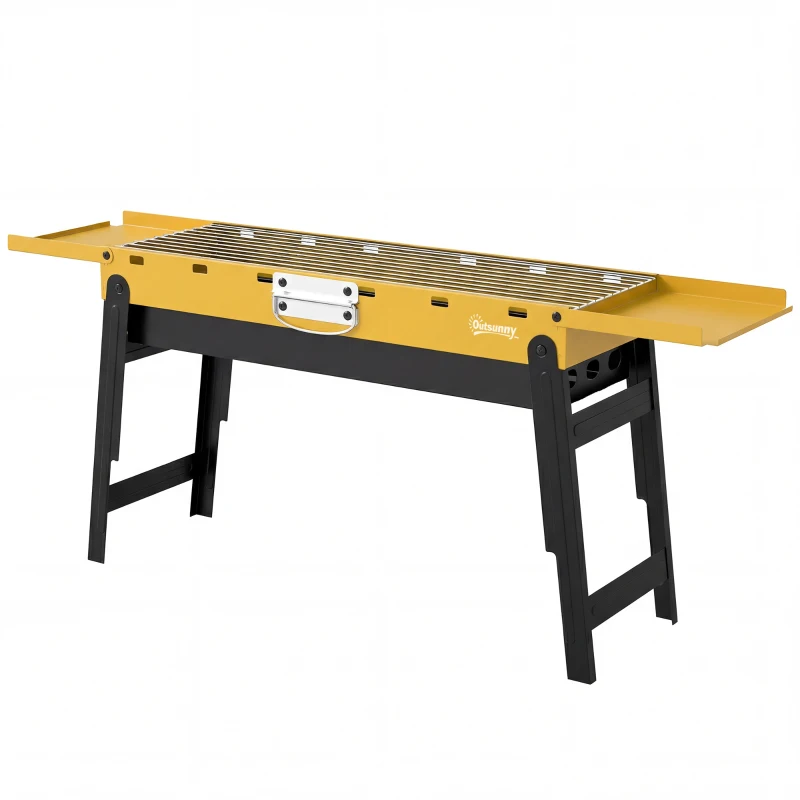 Outsunny Portable BBQ Grill, Foldable Charcoal Grill for Camping and Picnics with 2 Side Shelves and Handle, Yellow