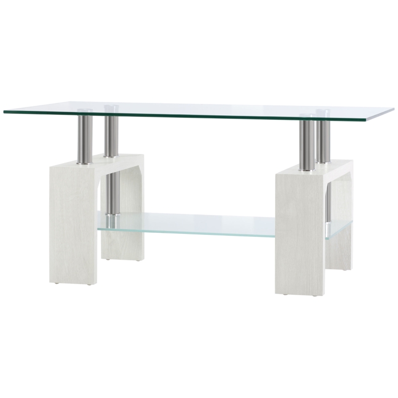 HOMCOM Mesa de Café Moderna de 2 Niveles en Cristal y Madera, 90x50x42cm, Blanco