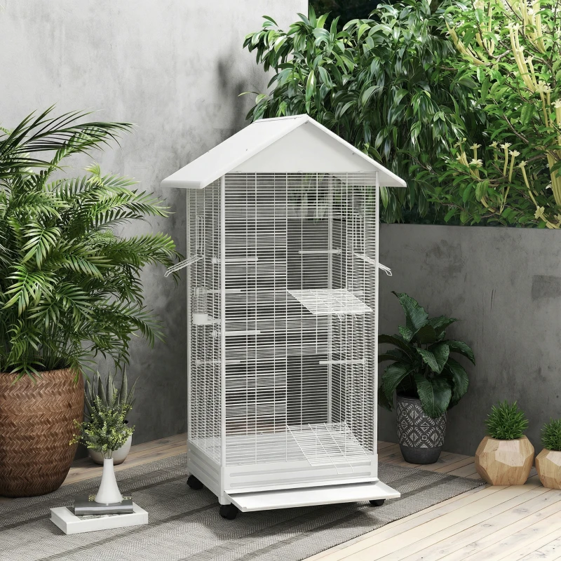 PawHut Cage oiseau sur pied volière oiseaux intérieure sur roulettes 2 mangeoires 8 perchoirs 79 x 65 x 155 cm fil d'acier blanc
