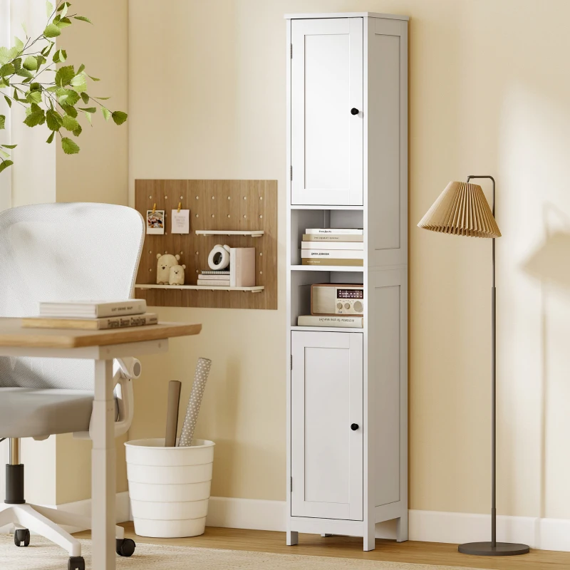 HOMCOM Hoher schlanker Badezimmerschrank mit Türen, offene Regale, 30 x 30 x 170 cm, Weiß