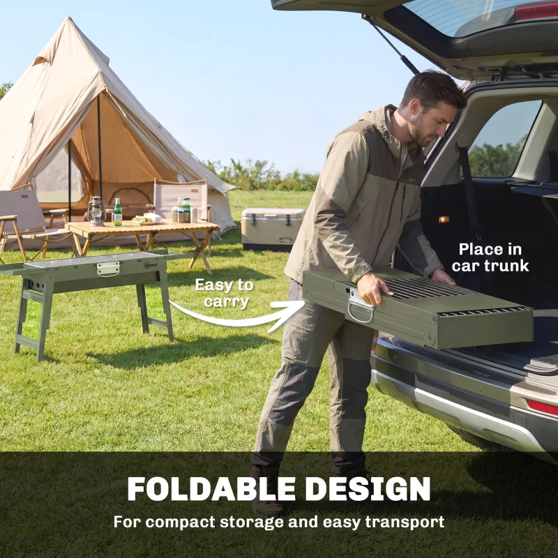 Outsunny Portable BBQ Grill, Foldable Charcoal Grill for Camping and Picnics with 2 Side Shelves and Handle, Green