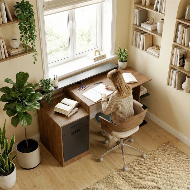 HOMCOM Computertisch mit Stauraum und Regalen, Moderner Schreibtisch für Büro und Arbeitszimmer, 140 cm, Eiche