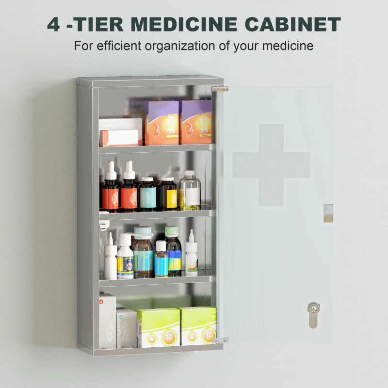 HOMCOM Medicijnkastje medicijnkastje EHBO met slot RVS 30 x 12 x 60 cm