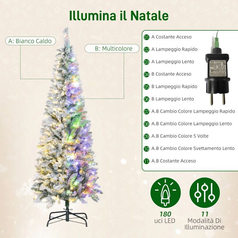 HOMCOM Albero di Natale Innevato con 180 Luci LED a 11 Effetti e 479 Rami, Ø65x180 cm, Verde e Bianco