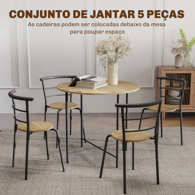 HOMCOM Conjunto de Mesa e Cadeiras de Refeição Mesa de Cozinha Redonda com 4 Cadeiras Estilo Industrial Madeira e Preto