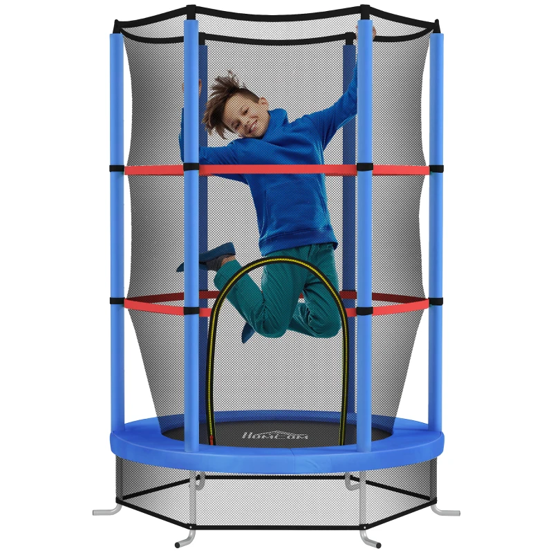 HOMCOM Trampolín elástico para niños 3-6 años con red de protección, 6 columnas y 3 entradas, Ø140x190 cm, azul y negro
