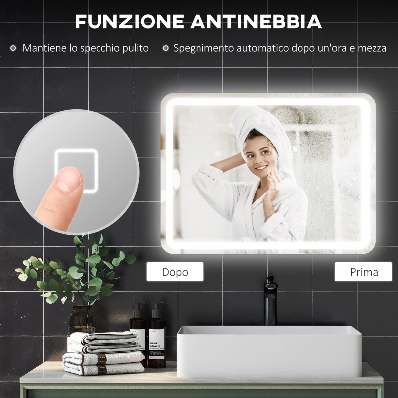 HOMCOM Specchio Bagno LED Touch con Luce Dimmerabile, a 3 Temperature e Antiappannamento, 60x80 cm