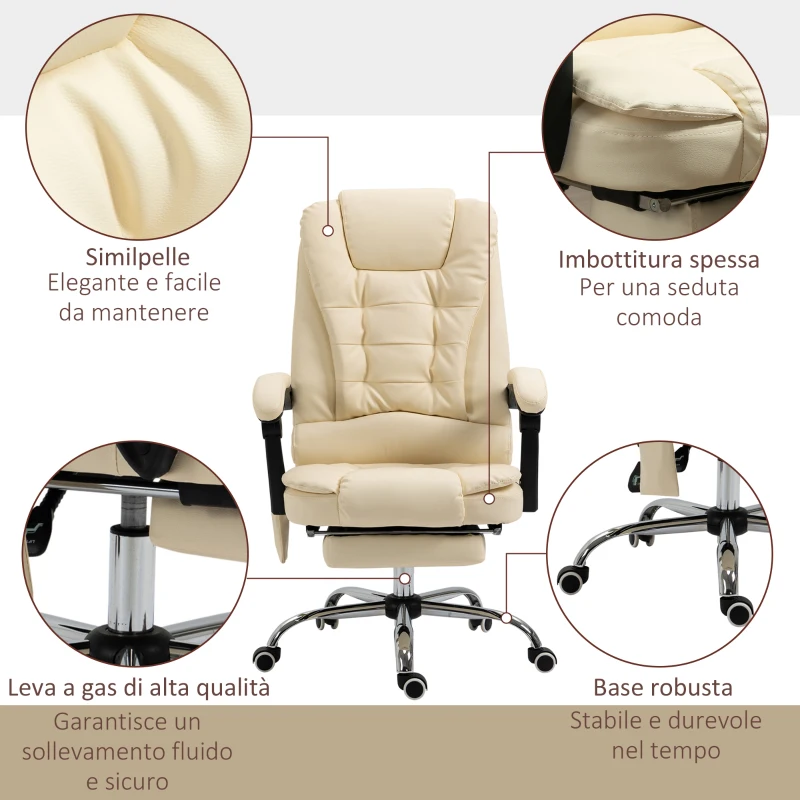 Vinsetto Silla de Oficina Ergonómica de Altura Regulable con Masaje de 6 Puntos, 65x160x104 cm, Crema