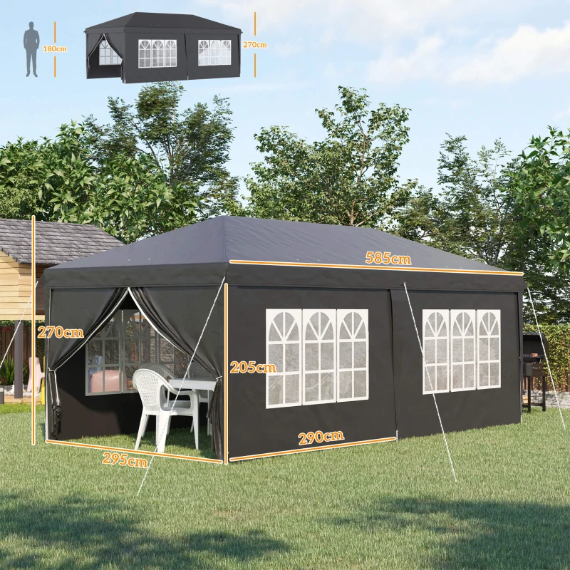 Outsunny 3 x 6 m Pop Up Gazebo with Sides and Windows, Height Adjustable Wedding Camping Party Tent Canopy Marquee with Storage Bag for Garden, Event, Black