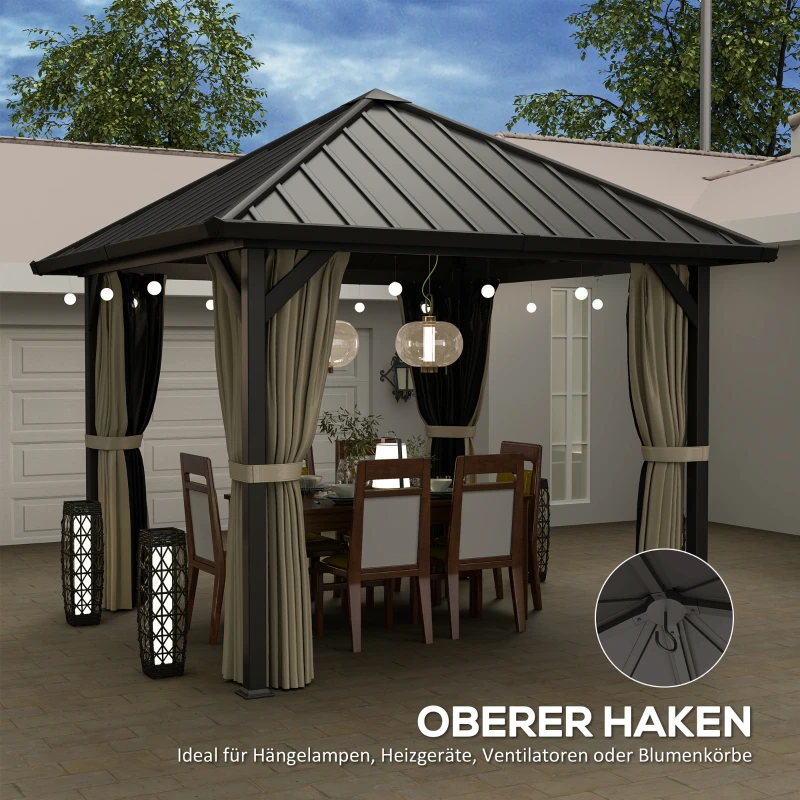 Outsunny Pabellón de techo rígido 3 x 3 m, pabellón de jardín con techo metálico, tienda de jardín impermeable con mosquitera y paredes laterales, Gris oscuro