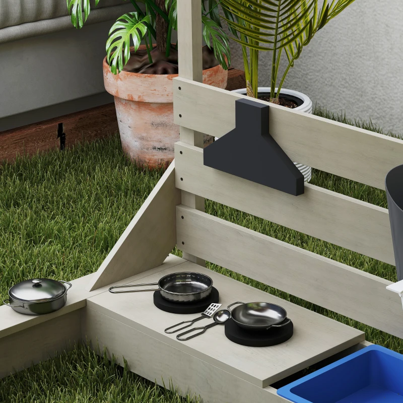 Outsunny Arenero con toldo en forma de barco pirata, incl. set de cocina infantil, madera maciza, 180 x 103 x 144,5 cm, Gris