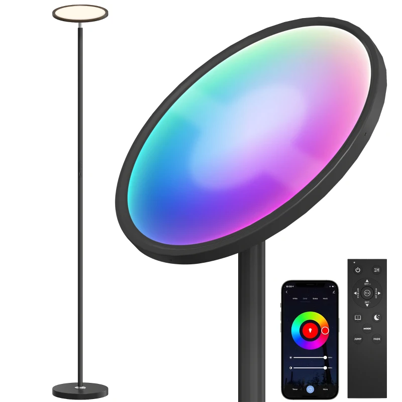 HOMCOM Uplighter Floor Lamp with Tuya App and Music Sync, Standing Lamp with Adjustable Head for Living Room Bedroom, Black