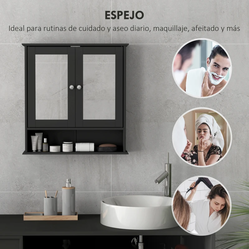 kleankin Armario de Baño con Espejo Armario de Pared con 2 Puertas Estante Abierto Estante Ajustable 56x13x58cm Negro