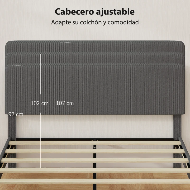 HOMCOM Somier 160x200 cm con Cabecero Ajustable Tapizado en Pana Láminas de Madera Fácil de Montar Gris Oscuro