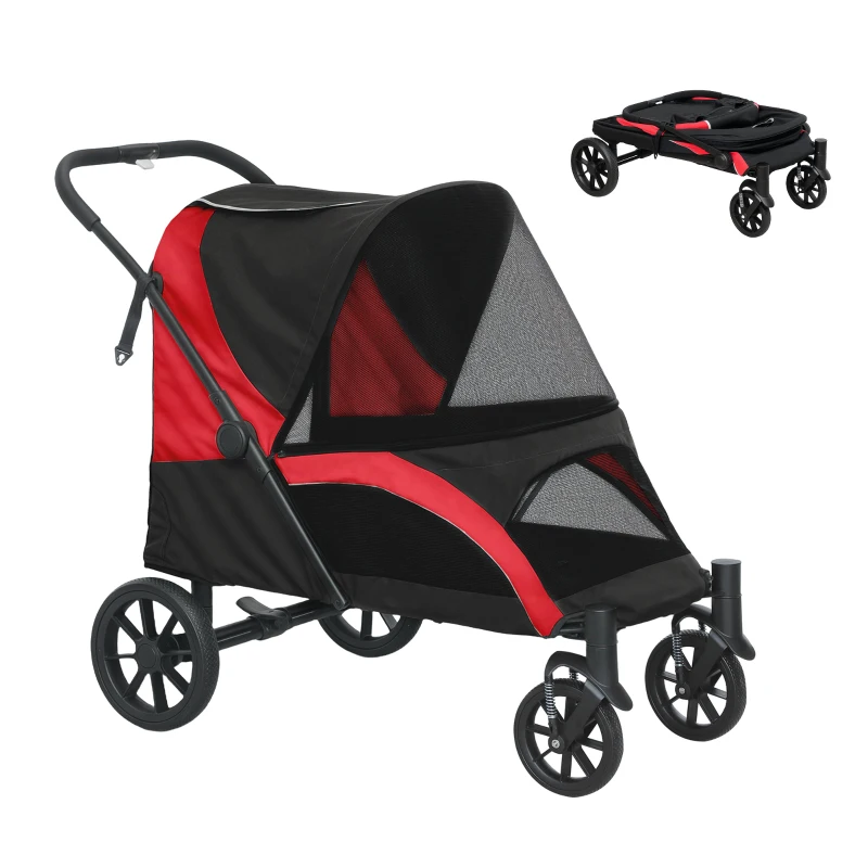 PawHut Foldable Pet Stroller for Large Dogs with Four Big Wheels, Shock-Absorbing Frame, Safety Leashes, Brakes, Red/Black