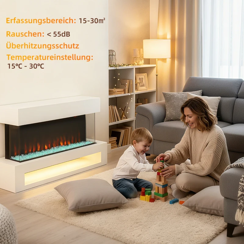 HOMCOM Elektro-Kamin mit 11 Flammenfarben, 10 Kristallbett-Farben, 1000W/2000W, Fernbedienung, vielseitig einsetzbar, Weiß
