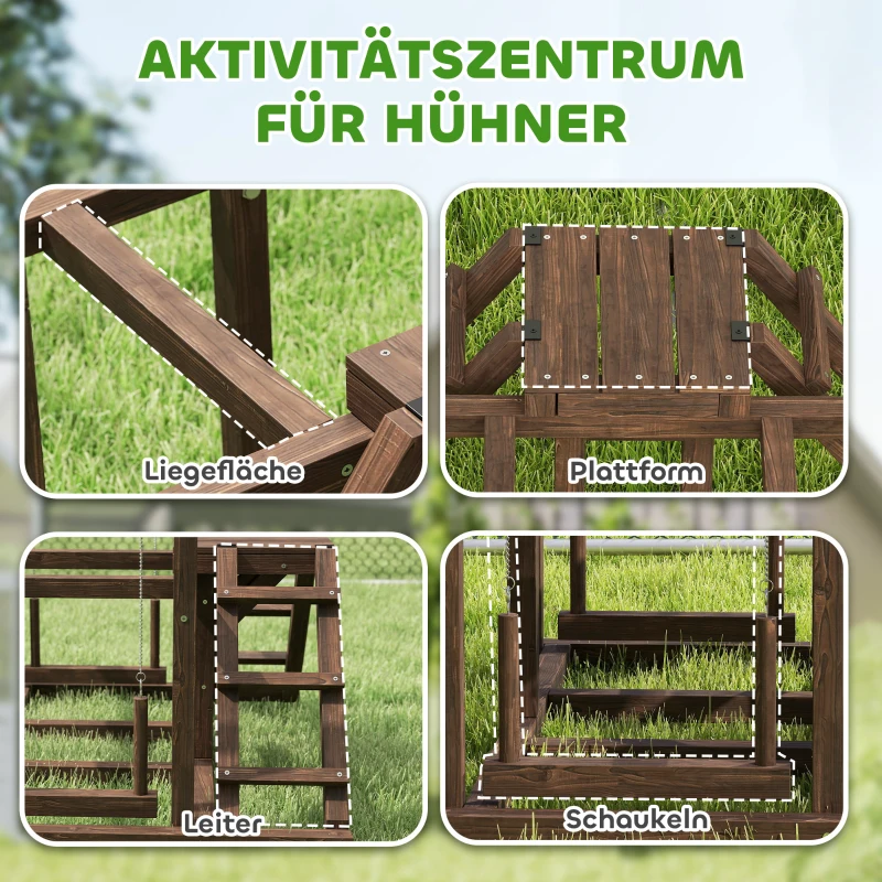 PawHut Hühnergestell, Sitzstangen, Rampen, Schaukeln, für 2-3 Hühner, Holz, Braun(m-4)