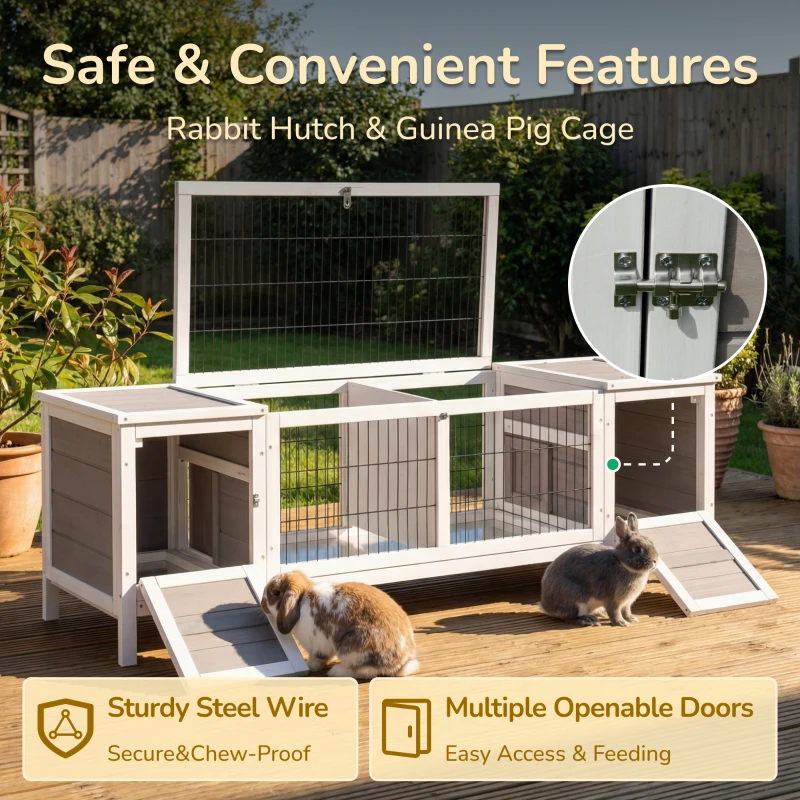PawHut Rabbit Hutch and Run, with Removable Tray - Grey