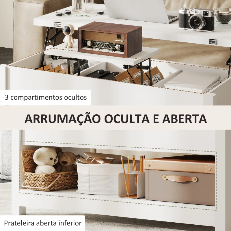 HOMCOM Mesa de Centro Elevatória e Extensível com Compartimentos Ocultos e Prateleira Aberta 100x90x64 cm Branco