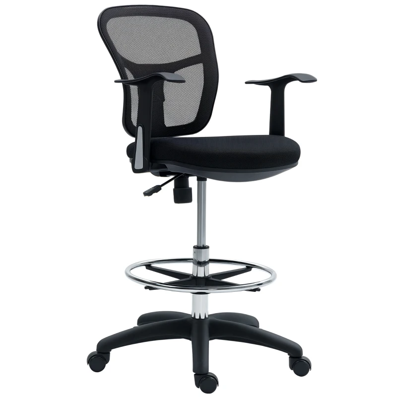 HOMCOM Silla giratoria con anillo reposapiés y respaldo curvo, en poliéster, espuma y plástico, 55x58x94 cm, Negro