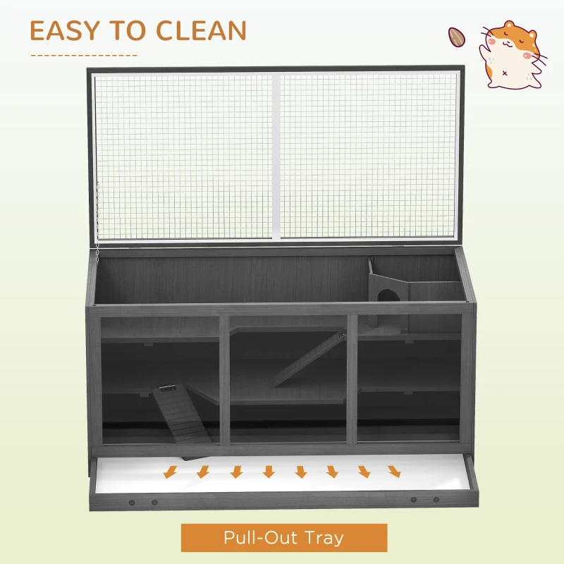 PawHut Wooden Hamster Cage, Small Animals Hutch with Tray, Openable Top, Exercise Play House Pen, 115L x 57W x 55Hcm, Grey