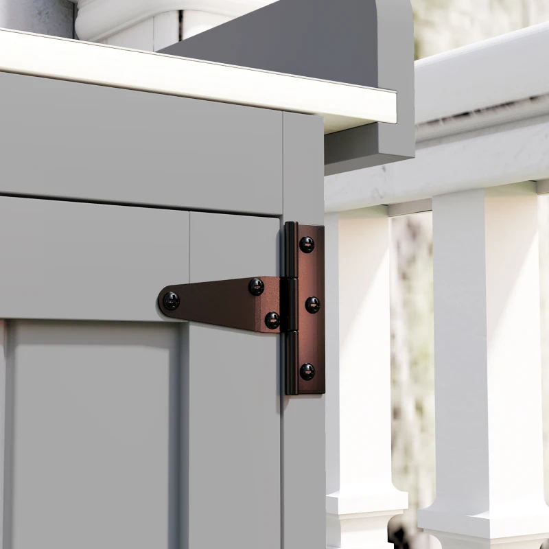 Outsunny Armario de jardín, armario de herramientas para exterior, con superficie de trabajo, madera y acero inoxidable, puertas dobles, Gris