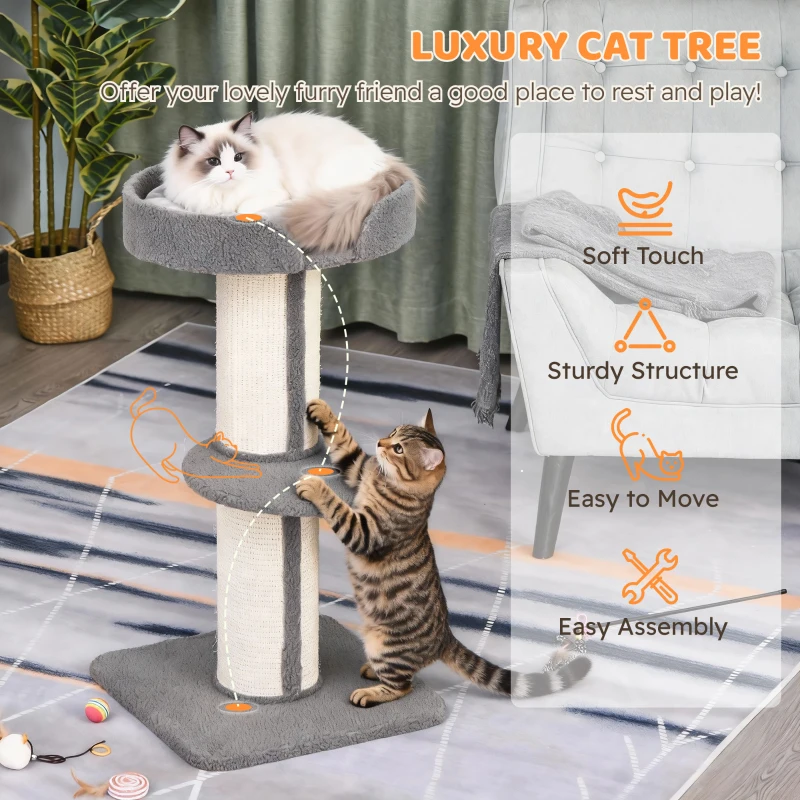 PawHut 91cm Cat Tree, Cat Tower with Scratching Post, Bed, Perch, Removable Cushion for Indoor Kittens, Grey